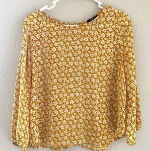 Forever 21Mustard Floral Blouse Double Cut Out Button Down Back Size Large